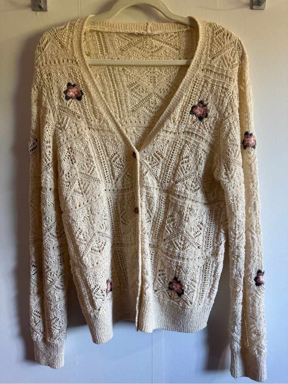 Cleo Large Cream Crochet Floral Embroidered Button Cardigan Boho Cottagecore